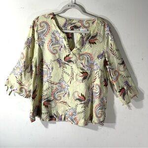 J. Jill Love Linen yellow paisley floral print tie cuff linen top 2/$35